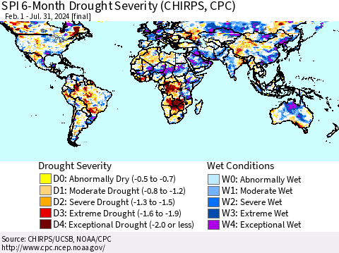World SPI 6-Month Drought Severity (CHIRPS) Thematic Map For 2/1/2024 - 7/31/2024