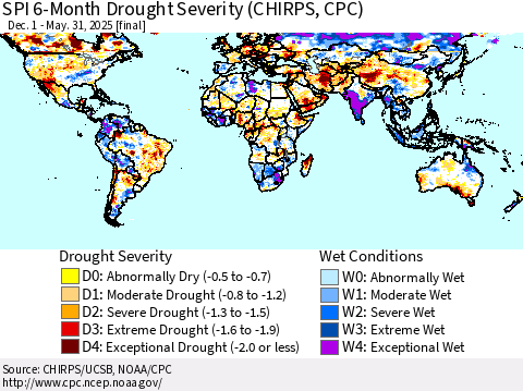 World SPI 6-Month Drought Severity (CHIRPS) Thematic Map For 12/1/2024 - 5/31/2025