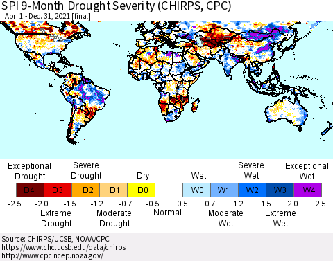 World SPI 9-Month Drought Severity (CHIRPS) Thematic Map For 4/1/2021 - 12/31/2021
