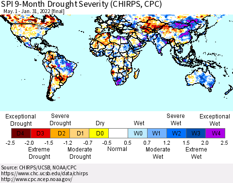 World SPI 9-Month Drought Severity (CHIRPS) Thematic Map For 5/1/2021 - 1/31/2022