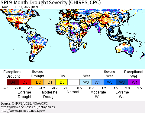 World SPI 9-Month Drought Severity (CHIRPS) Thematic Map For 11/1/2021 - 7/31/2022