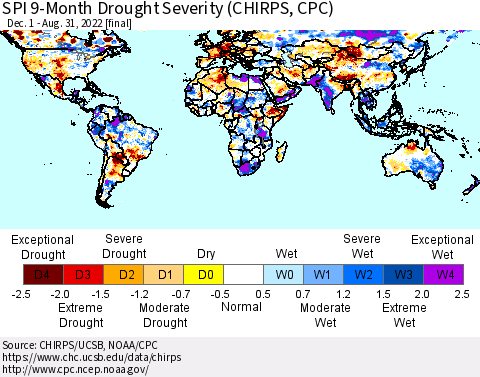 World SPI 9-Month Drought Severity (CHIRPS) Thematic Map For 12/1/2021 - 8/31/2022