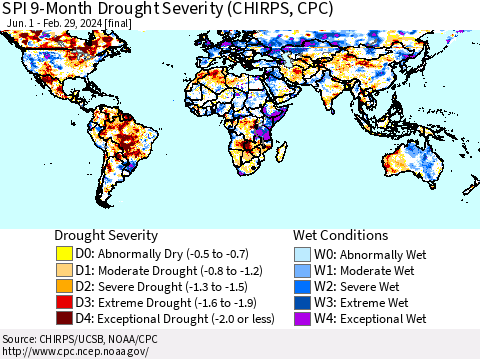 World SPI 9-Month Drought Severity (CHIRPS) Thematic Map For 6/1/2023 - 2/29/2024