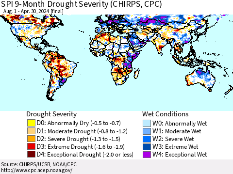 World SPI 9-Month Drought Severity (CHIRPS) Thematic Map For 8/1/2023 - 4/30/2024