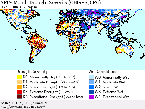 World SPI 9-Month Drought Severity (CHIRPS) Thematic Map For 10/1/2023 - 6/30/2024