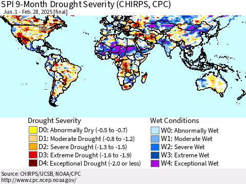 World SPI 9-Month Drought Severity (CHIRPS) Thematic Map For 6/1/2024 - 2/28/2025