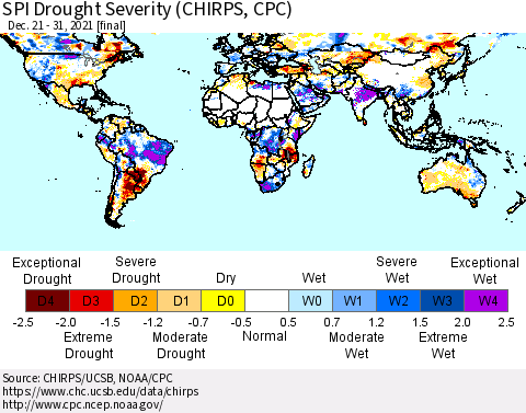 World SPI Drought Severity (CHIRPS) Thematic Map For 12/21/2021 - 12/31/2021
