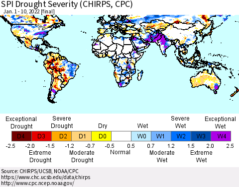 World SPI Drought Severity (CHIRPS) Thematic Map For 1/1/2022 - 1/10/2022