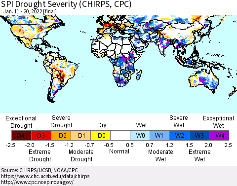 World SPI Drought Severity (CHIRPS) Thematic Map For 1/11/2022 - 1/20/2022