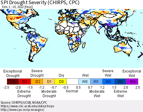 World SPI Drought Severity (CHIRPS) Thematic Map For 2/1/2022 - 2/10/2022