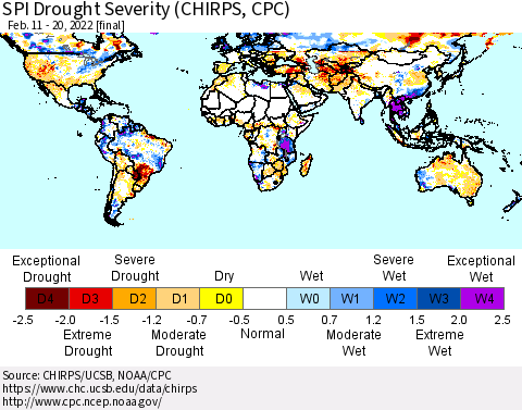 World SPI Drought Severity (CHIRPS) Thematic Map For 2/11/2022 - 2/20/2022