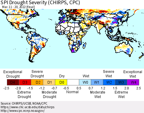 World SPI Drought Severity (CHIRPS) Thematic Map For 3/11/2022 - 3/20/2022