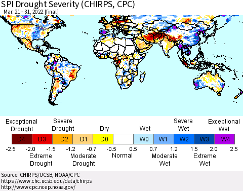 World SPI Drought Severity (CHIRPS) Thematic Map For 3/21/2022 - 3/31/2022