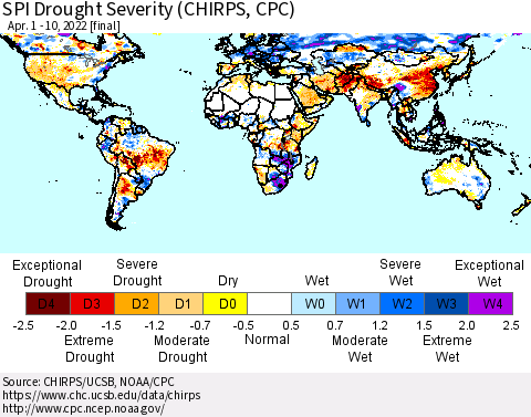 World SPI Drought Severity (CHIRPS) Thematic Map For 4/1/2022 - 4/10/2022
