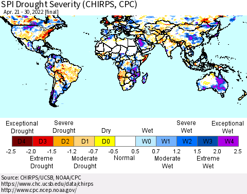 World SPI Drought Severity (CHIRPS) Thematic Map For 4/21/2022 - 4/30/2022