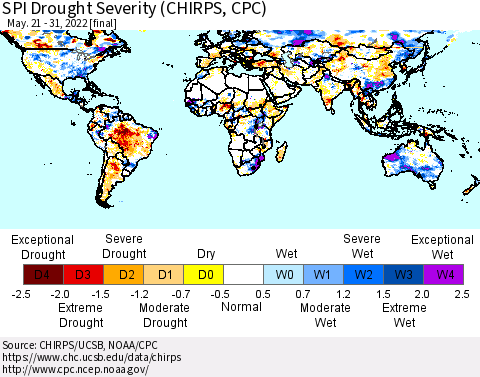 World SPI Drought Severity (CHIRPS) Thematic Map For 5/21/2022 - 5/31/2022
