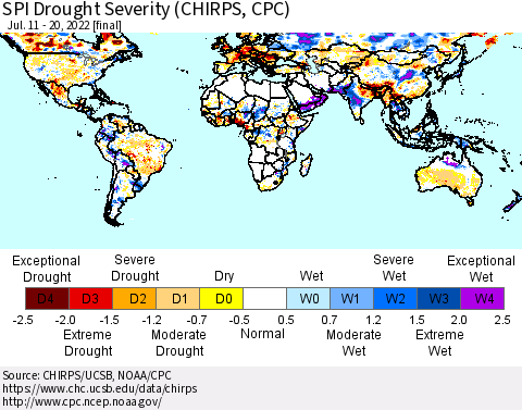 World SPI Drought Severity (CHIRPS) Thematic Map For 7/11/2022 - 7/20/2022