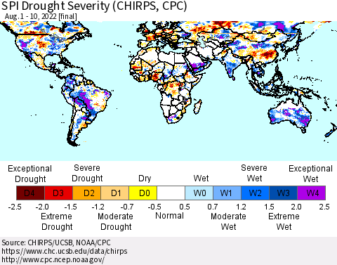 World SPI Drought Severity (CHIRPS) Thematic Map For 8/1/2022 - 8/10/2022