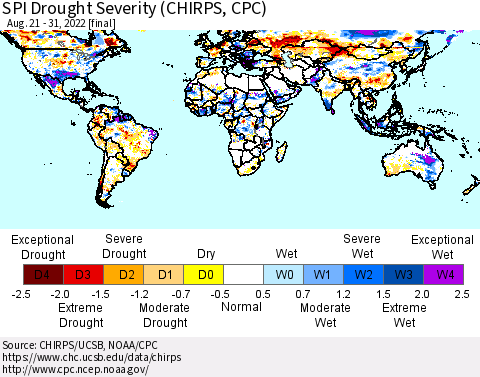 World SPI Drought Severity (CHIRPS) Thematic Map For 8/21/2022 - 8/31/2022