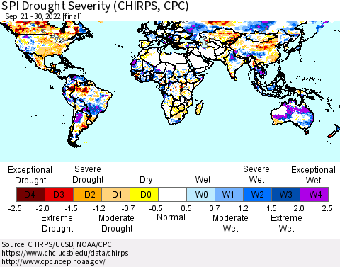 World SPI Drought Severity (CHIRPS) Thematic Map For 9/21/2022 - 9/30/2022