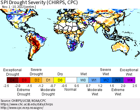 World SPI Drought Severity (CHIRPS) Thematic Map For 11/1/2022 - 11/10/2022