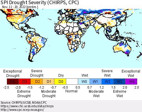 World SPI Drought Severity (CHIRPS) Thematic Map For 11/11/2022 - 11/20/2022