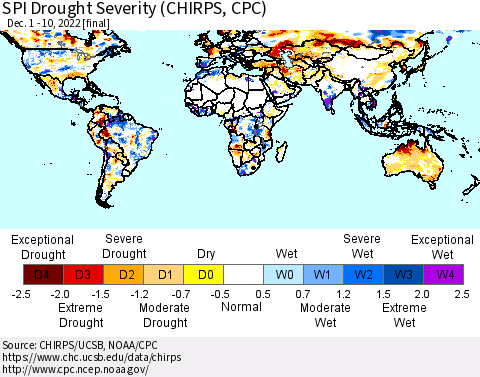 World SPI Drought Severity (CHIRPS) Thematic Map For 12/1/2022 - 12/10/2022