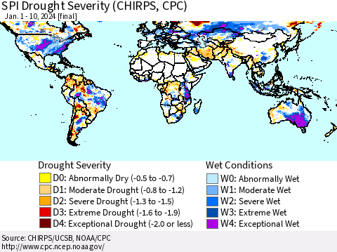 World SPI Drought Severity (CHIRPS) Thematic Map For 1/1/2024 - 1/10/2024