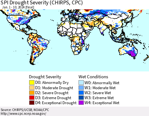 World SPI Drought Severity (CHIRPS) Thematic Map For 1/1/2024 - 1/10/2024