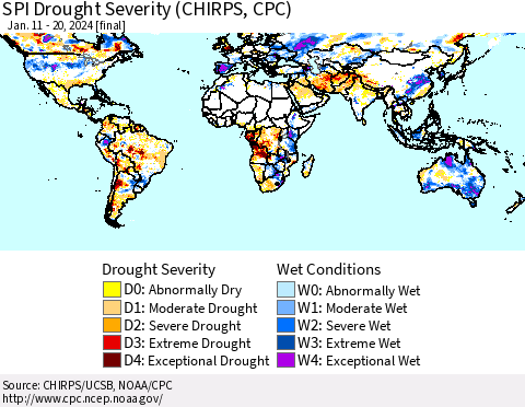 World SPI Drought Severity (CHIRPS) Thematic Map For 1/11/2024 - 1/20/2024