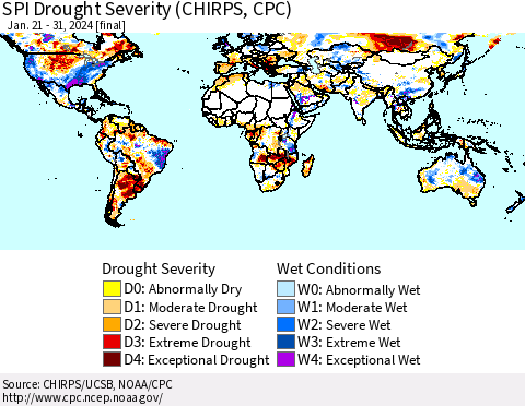 World SPI Drought Severity (CHIRPS) Thematic Map For 1/21/2024 - 1/31/2024