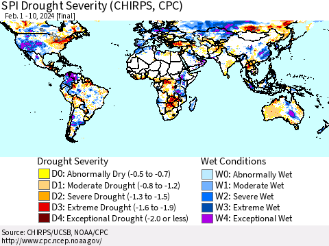 World SPI Drought Severity (CHIRPS) Thematic Map For 2/1/2024 - 2/10/2024