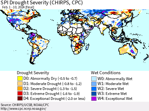 World SPI Drought Severity (CHIRPS) Thematic Map For 2/1/2024 - 2/10/2024
