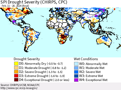 World SPI Drought Severity (CHIRPS) Thematic Map For 2/11/2024 - 2/20/2024