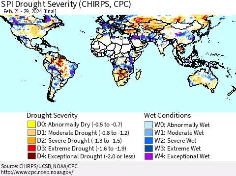 World SPI Drought Severity (CHIRPS) Thematic Map For 2/21/2024 - 2/29/2024
