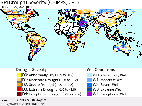 World SPI Drought Severity (CHIRPS) Thematic Map For 3/11/2024 - 3/20/2024