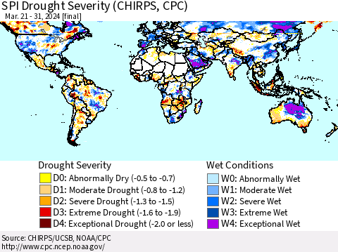 World SPI Drought Severity (CHIRPS) Thematic Map For 3/21/2024 - 3/31/2024