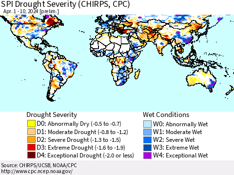 World SPI Drought Severity (CHIRPS) Thematic Map For 4/1/2024 - 4/10/2024