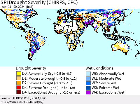 World SPI Drought Severity (CHIRPS) Thematic Map For 4/11/2024 - 4/20/2024