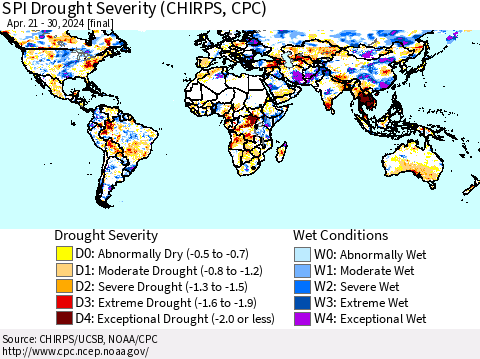 World SPI Drought Severity (CHIRPS) Thematic Map For 4/21/2024 - 4/30/2024