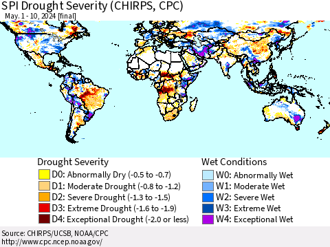 World SPI Drought Severity (CHIRPS) Thematic Map For 5/1/2024 - 5/10/2024