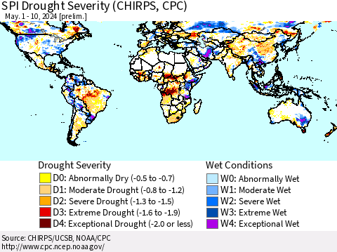 World SPI Drought Severity (CHIRPS) Thematic Map For 5/1/2024 - 5/10/2024