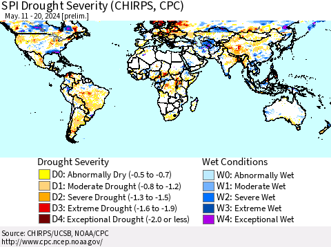 World SPI Drought Severity (CHIRPS) Thematic Map For 5/11/2024 - 5/20/2024