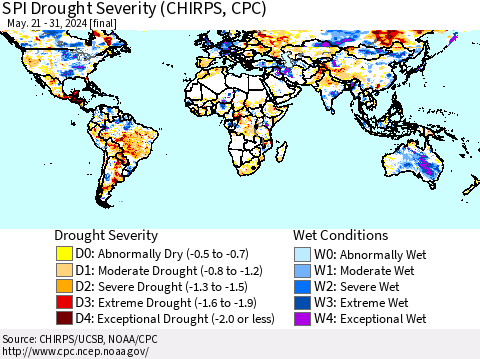 World SPI Drought Severity (CHIRPS) Thematic Map For 5/21/2024 - 5/31/2024