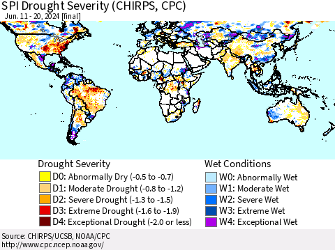 World SPI Drought Severity (CHIRPS) Thematic Map For 6/11/2024 - 6/20/2024
