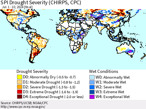 World SPI Drought Severity (CHIRPS) Thematic Map For 7/1/2024 - 7/10/2024