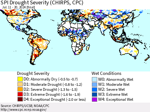 World SPI Drought Severity (CHIRPS) Thematic Map For 7/11/2024 - 7/20/2024