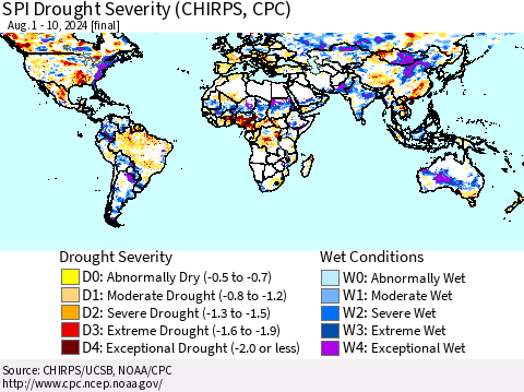 World SPI Drought Severity (CHIRPS) Thematic Map For 8/1/2024 - 8/10/2024