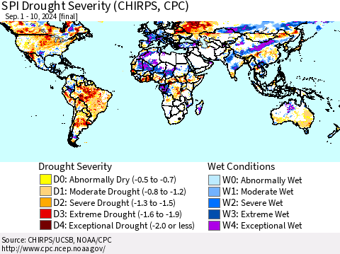 World SPI Drought Severity (CHIRPS) Thematic Map For 9/1/2024 - 9/10/2024
