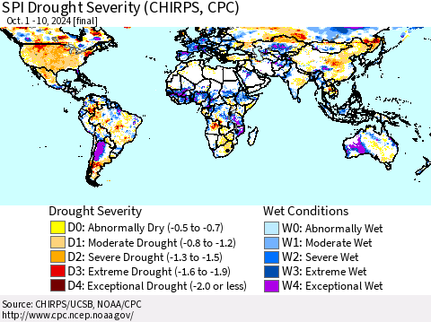 World SPI Drought Severity (CHIRPS) Thematic Map For 10/1/2024 - 10/10/2024